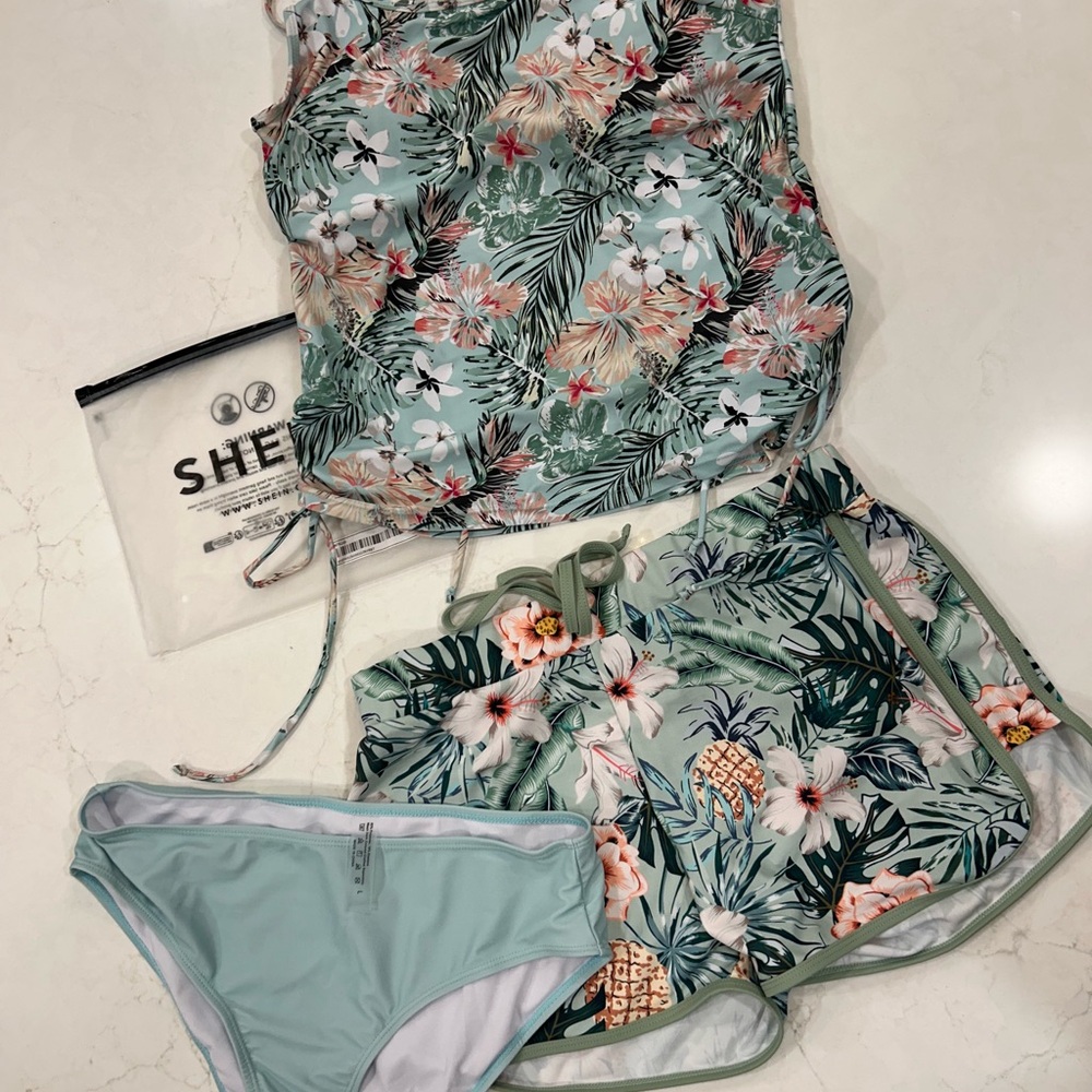 SHEIN Floral Print Bikini Set in Green and Pink